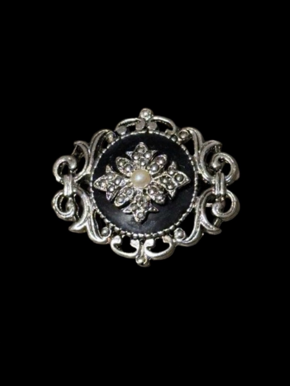 Vintage Gothic Silver Tone Black Cabochon Rhinestone Faux Pearl Filigree Brooch